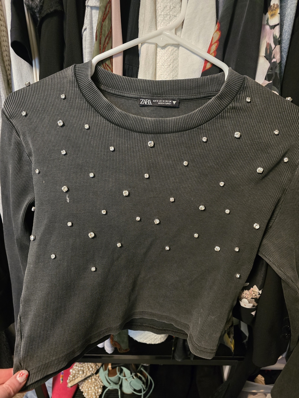 Zara Black Ribbed Crewneck Sweatshirt with Crystal Studs